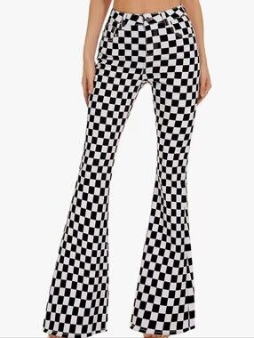 Black & White Checkered Flare Jeans for Women
